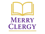 Merry Clergy logo with golden open book, purple text, and gold underline